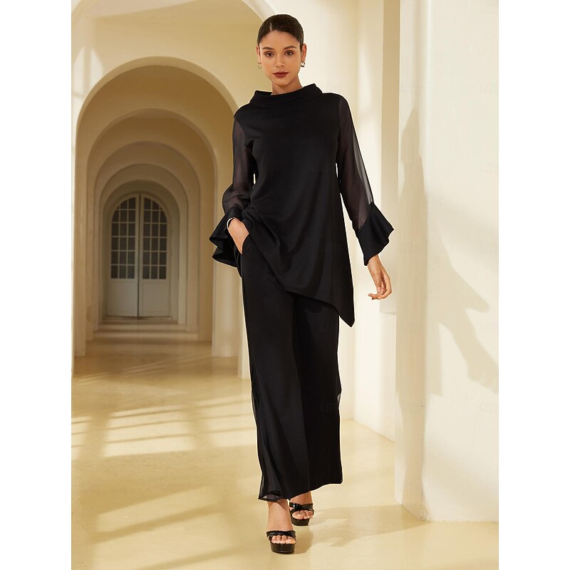 Women's Modal Chiffon Flare Cuff High Neck Long Sleeve Blouse Pants Set Date Elegant Daily Wear