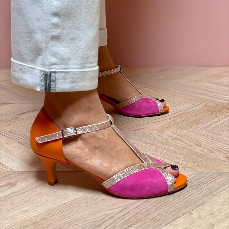 Women's Colorblock Faux leather Open Toe T-Strap Heels, Glitter Accent Sandals with Adjustable Strap for Casual and Evening Wear2