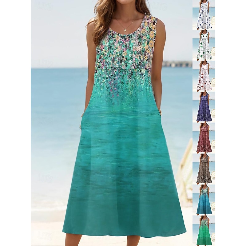 Women's Sundress Tank Dress Summer Dress Print Dress Active Fashion Hawaiian Vacation Holiday Beach Loose Fit Sleeveless Crew Neck Aqua Blue Cream Wine Red Summer Spring