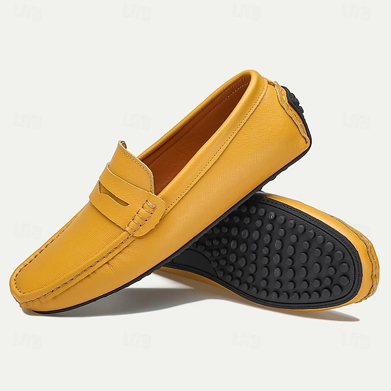 Men's Yellow Leather Slip-On Loafers - Comfortable Casual Driving Shoes4