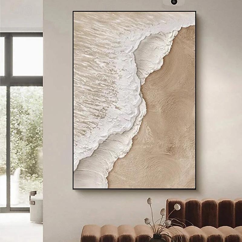 Handmade 3D Beige Minimalist Beach Painting Ocean Wave Painting on Canvas Ocean Abstract Art Textured Wall Art Wall Art Living Room Art Framed Ready To Hang4