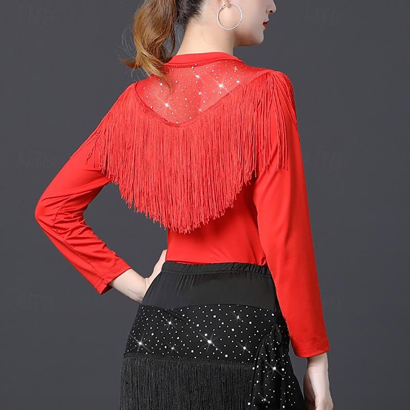 Latin Dance Ballroom Dance Top Tassel Pure Color Splicing Women's Performance Training Long Sleeve High Polyester3