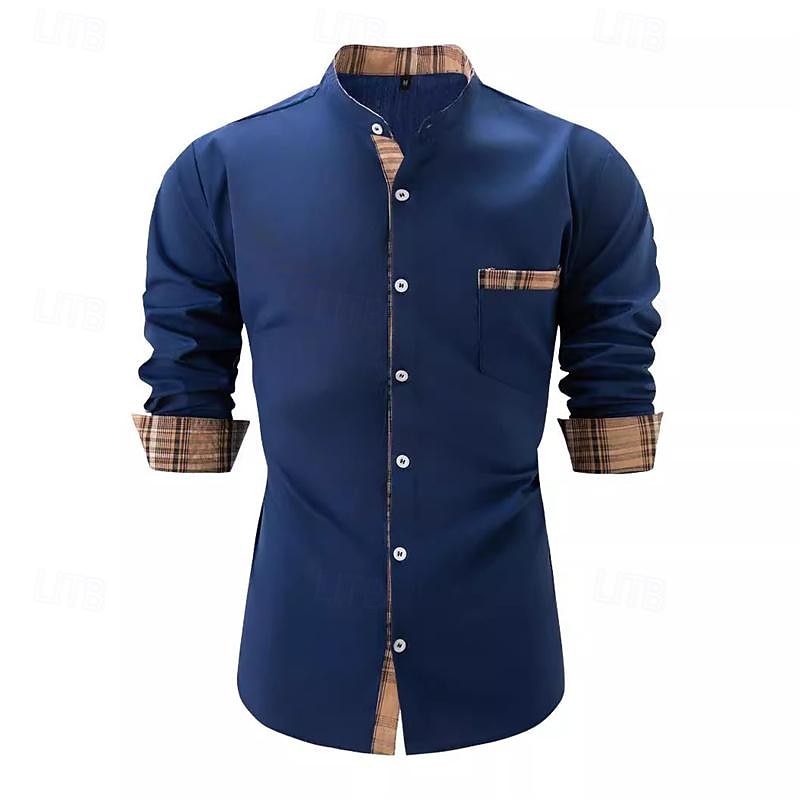 Men's Shirt Chinese Collar Shirt Mandarin Collar Shirt Summer Shirt Casual Shirt Beach Shirt Black White Pink Navy Blue Long Sleeve Plaid Color Block Grandad Collar Lapel Vacation Hawaiian Front2
