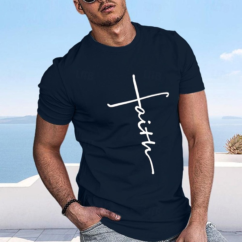 Faith Graphic T-Shirt for Men, Light Blue Short Sleeve Casual Tee2