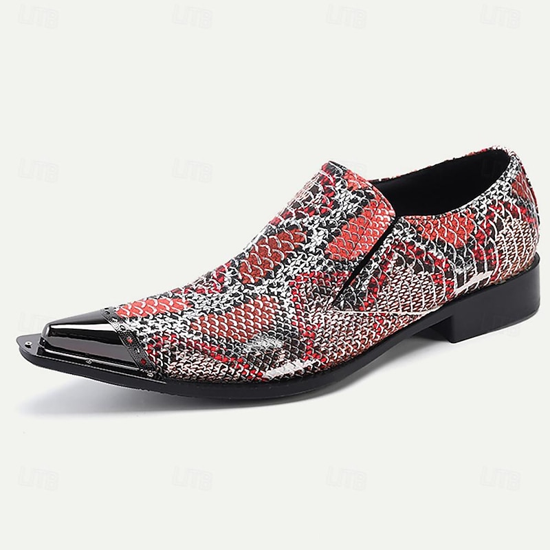 Men's Exotic Red Leather Snake Skin Print Loafers with Gold Tip Pointed Toe and Low Block Heel3