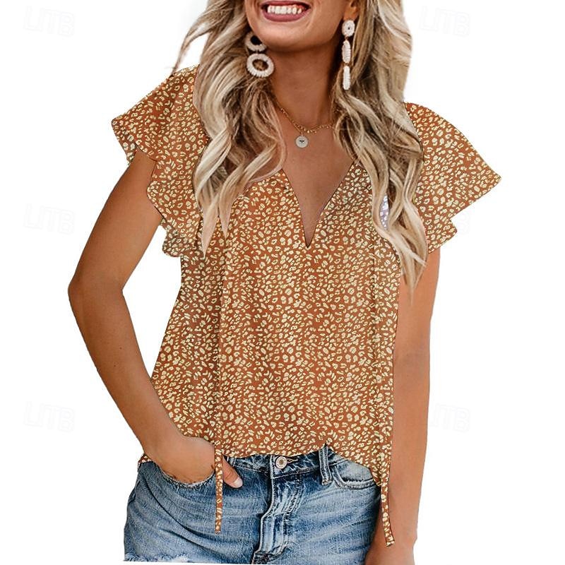 Women's Shirt Blouse Leopard Casual Short Sleeve V Neck Regular Tops Daily Lace up Print Black Yellow Red Blue Green Summer2