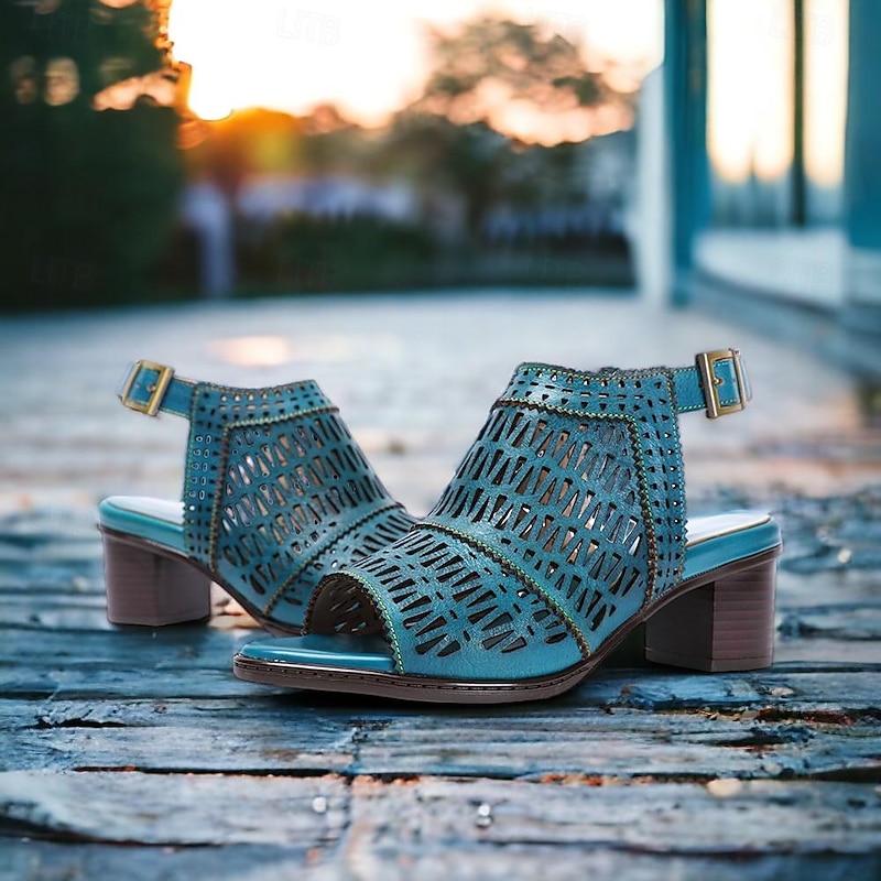 Women's Genuine Leather Cutout Block Heel Sandals in Teal, Vintage Peep Toe Summer Shoes for Casual Wear, Office, and Everyday Comfort