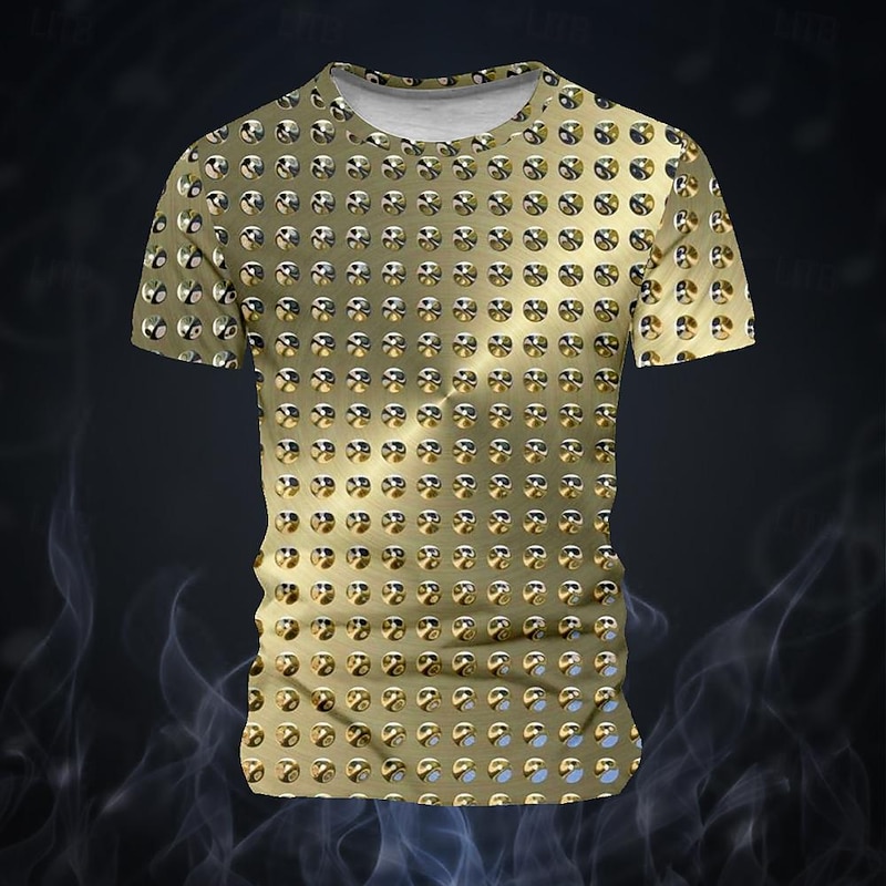 Music Festival Men's Metal Finish Rivet T Shirt Short Sleeve T shirt 3D Print Crew Neck Shirt Fashion Exaggerated Metallic Street Sports Outdoor Gold Summer Spring Clothing Apparel S M L XL XXL XXXL