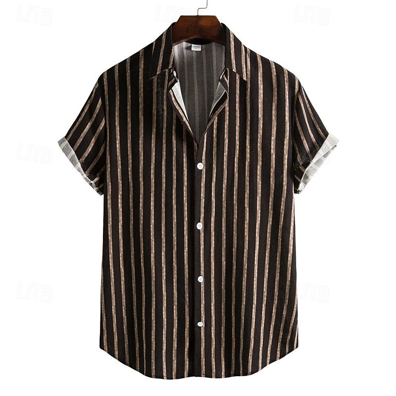 Men's Shirt Summer Shirt Casual Shirt Beach Shirt Button Up Shirt Striped Shirts Yellow Orange Coffee Short Sleeve Stripes Turndown Vacation Hawaiian Clothing Apparel Cotton Cotton Blend Fashion4