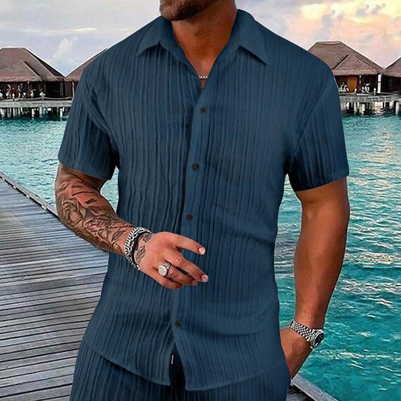 Men's Shirt Summer Shirt Casual Shirt Beach Shirt Button Up Shirt Black Pink Navy Blue Light Blue Short Sleeve Plain Turndown Vacation Hawaiian Clothing Apparel Polyester Fashion Casual Comfortable4