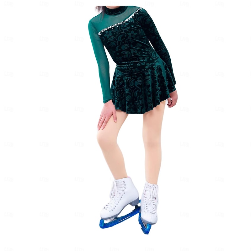 Figure Skating Dress Women's Girls' Ice Skating Dress Forest Green Patchwork Mesh Spandex Stretchy Training Practice Professional Skating Wear Thermal Warm Classic Crystal / Rhinestone Long Sleeve2