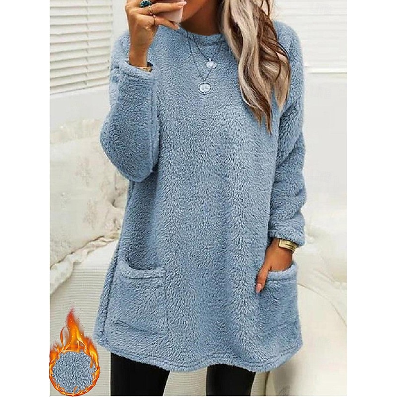 Women's Sweatshirt Pullover Sherpa Fleece Teddy Pocket Marron Black Blue Solid Color Street Casual Round Neck Long Sleeve Fleece S M L XL 2XL 3XL2
