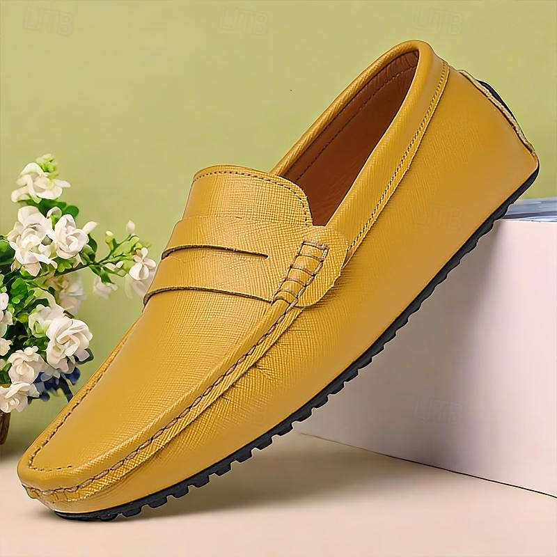 Men's Yellow Leather Slip-On Loafers - Comfortable Casual Driving Shoes