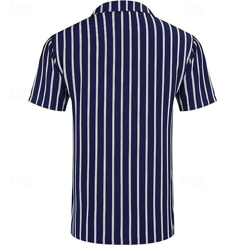 Men's Shirt Summer Shirt Casual Shirt Beach Shirt Button Up Shirt Black Navy Blue Short Sleeve Stripes Camp Collar Vacation Hawaiian Clothing Apparel Polyester Fashion Casual Comfortable3