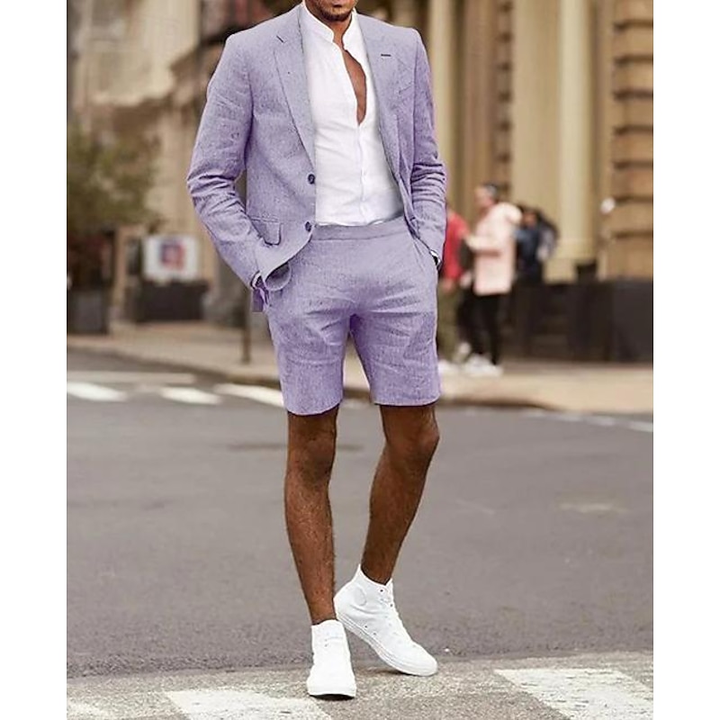 Men's Homecoming Linen Linen Suits Notch Dusty Rose Purple Solid Colored Tailored Fit 2 Piece Single Breasted Two-buttons2