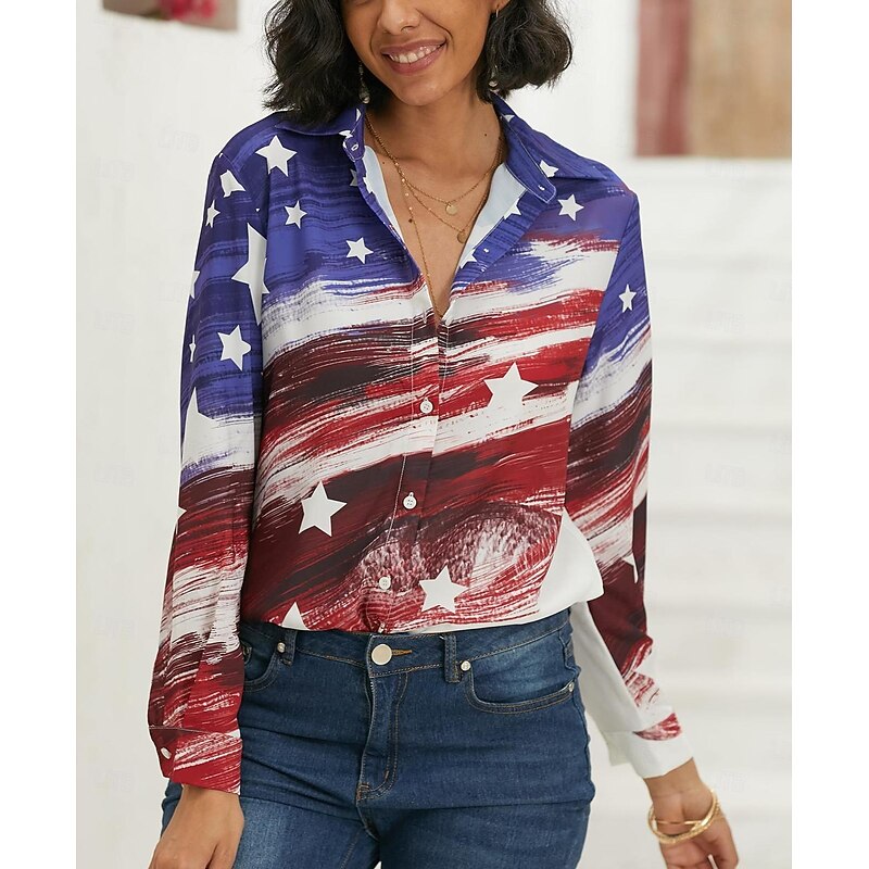 Women's Patriotic  Shirt Red White And Blue USA National Flag Button Print Red White And Blue Long Sleeve Daily Weekend Streetwear Casual Shirt Collar Regular S2
