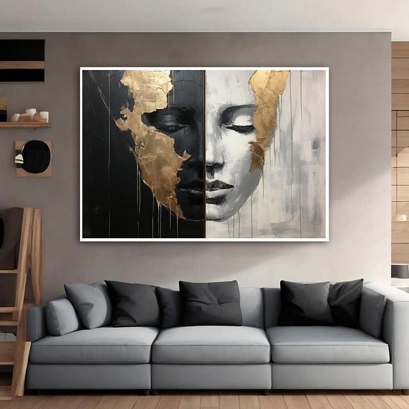 Hand-painted Abstract Girl Faces Paintings On Canvas Black White Painting Figurative Artwork Gold People Painting Minimalist Wall Art for Home Decor Stretched Frame Ready to Hang3