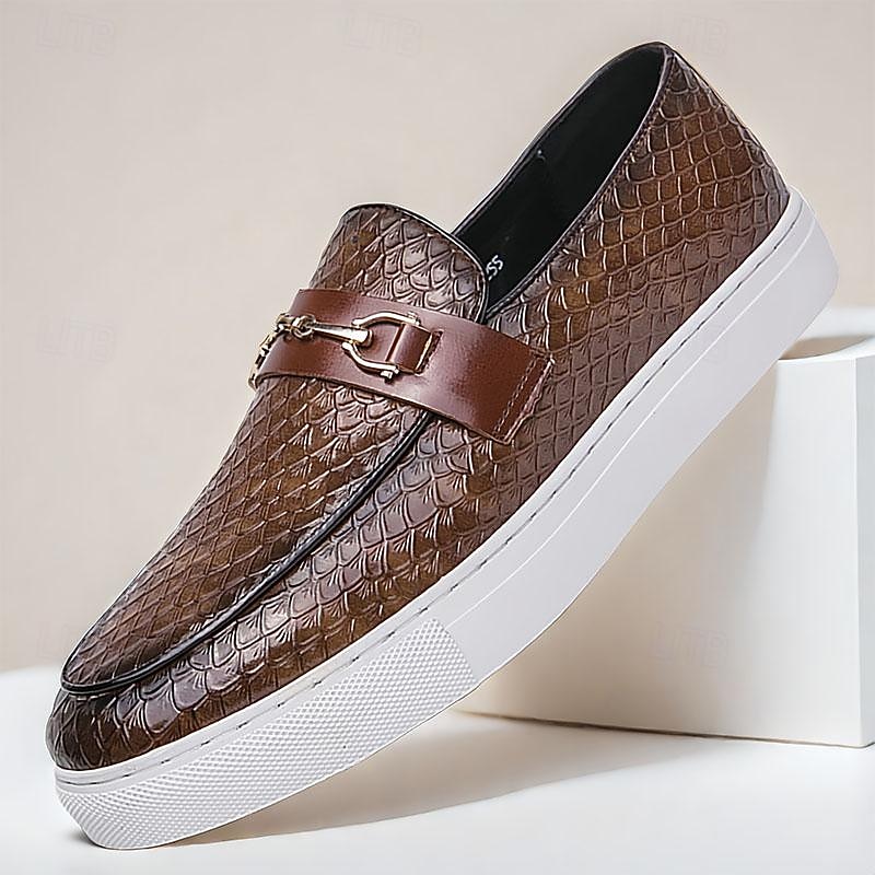 Men's Leather Slip-On Loafers - Stylish Embossed Dress Shoes with Metal Bit