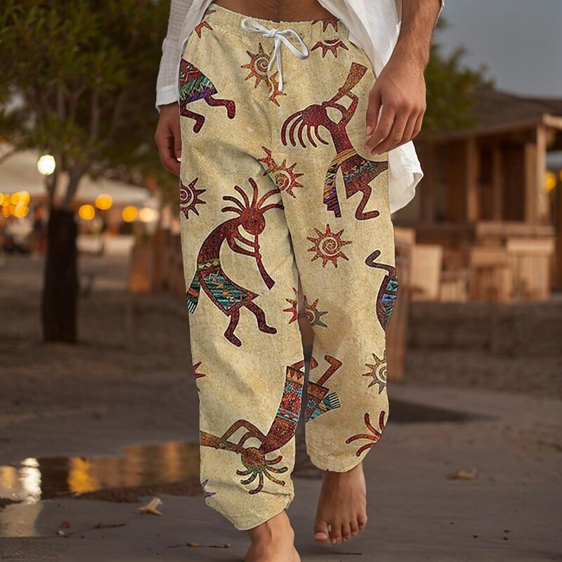 Men's Print Casual Pants Mid Waist Holiday Straight Leg Summer Spring 3D Print Beige