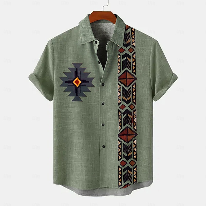 Men's Shirt Linen Shirt Retro Shirts Vintage Shirt Ethnic Shirt Ethnic Vacation Daily Green khaki Beige Short Sleeve Turndown Summer Spring Clothing Apparel4
