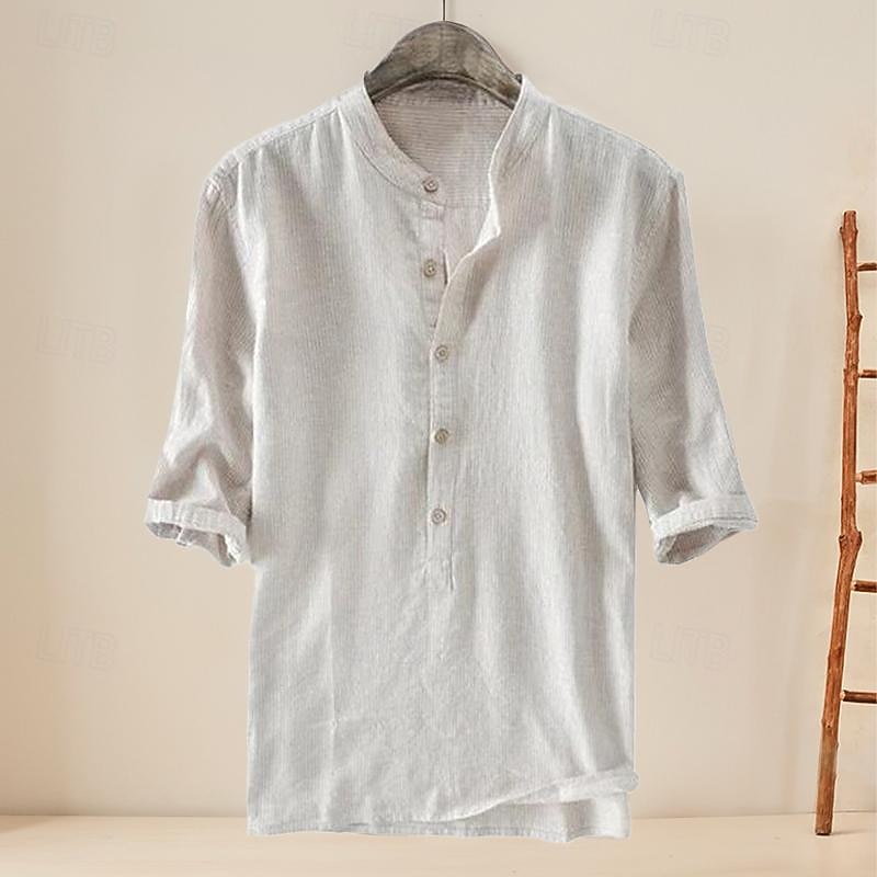 Men's Shirt Chinese Collar Shirt Mandarin Collar Shirt Casual Shirt Cotton Shirt Plain Vacation Street Sky Blue Dark Grey Beige Half Sleeve Band Collar Summer Clothing Apparel Button-Down