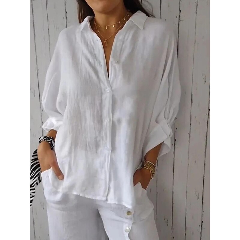 Women's Shirts Button Up Blouse Black White Pink Plain Buttons Street Daily Fashion Shirt Collar Poly-Cotton Linen Texture Shirts Regular Fit S4