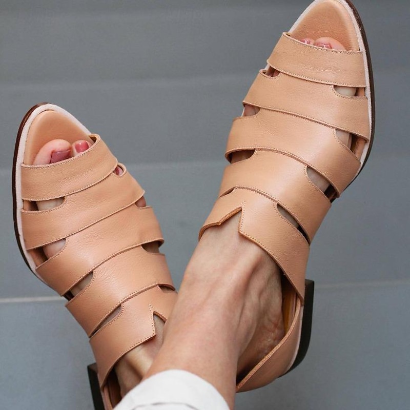 Women's Nude Faux Leather Cutout Sandals – Minimalist Fisherman Style Flats for Summer Travel, Walking & Casual Outfits
