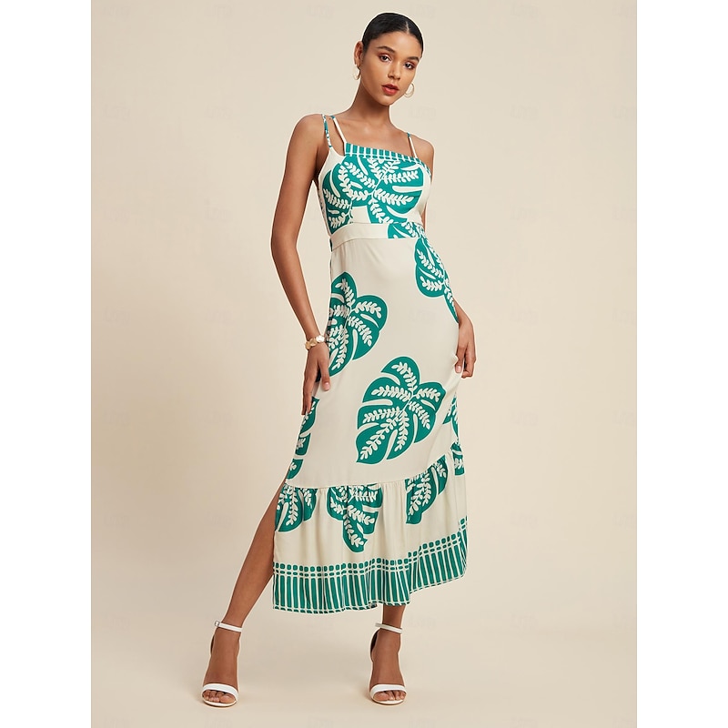 Satin Palm Leaf One Shoulder Maxi Dress