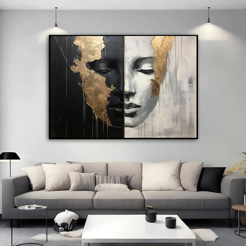 Hand-painted Abstract Girl Faces Paintings On Canvas Black White Painting Figurative Artwork Gold People Painting Minimalist Wall Art for Home Decor Stretched Frame Ready to Hang2