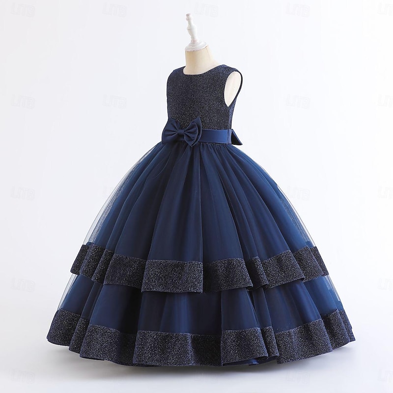 Kids Girls' Dress Party Dress Solid Color Sleeveless Special Occasion Birthday Elegant Princess Polyester Maxi Party Dress Summer Spring 4-13 Years Navy Blue Green3