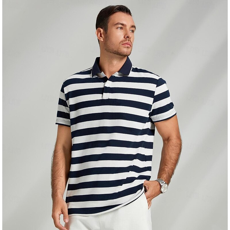 Men's Knit Polo Golf Polo Casual Sports Polo Shirt Turndown Short Sleeve Fashion Basic Stripe Plain Button Summer Regular Fit Black Blue4