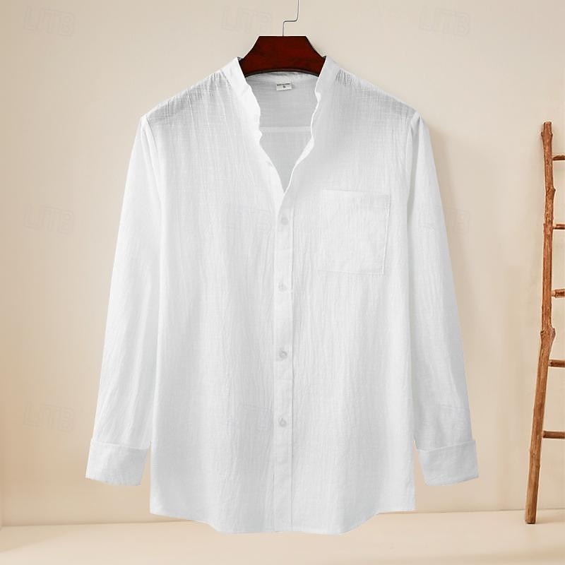 Men's Shirt Linen Shirt Cotton Linen Shirt Chinese Collar Shirt Mandarin Collar Shirt Casual Shirt Plain Vacation Hawaiian White Navy Blue Khaki Light Blue Long Sleeve Grandad Collar Spring &  Fall