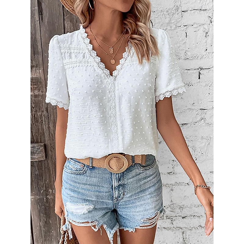 Women's Shirt Blouse Casual Lace Short Sleeve Regular Tops V Neck Daily White Army Green Navy Blue Khaki Summer