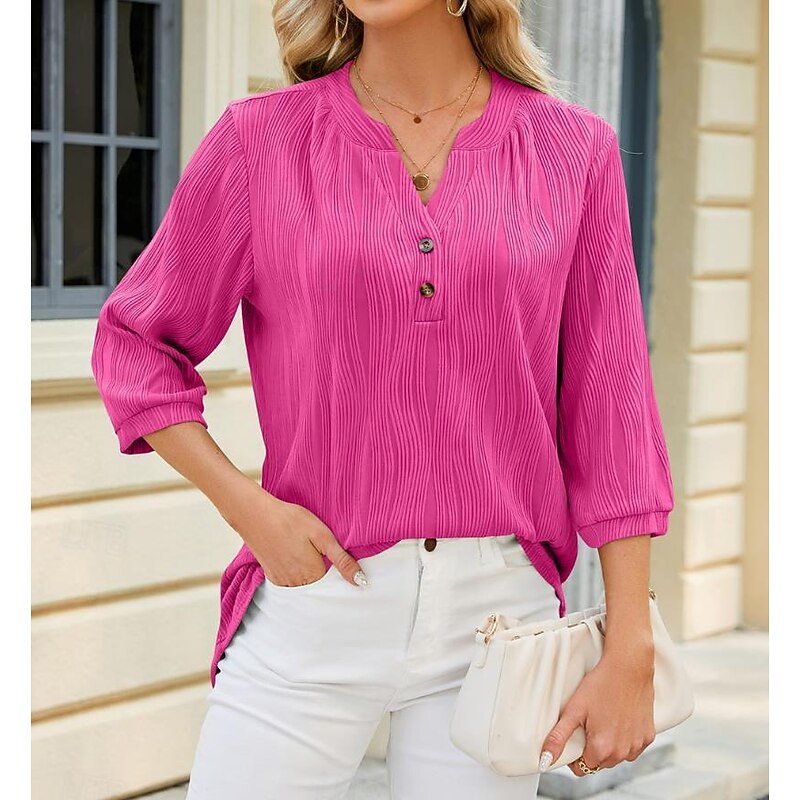Women's Shirt Basic Lace 3/4 Length Sleeve V Neck Daily Going out White Rose Pink Summer Spring Fall4