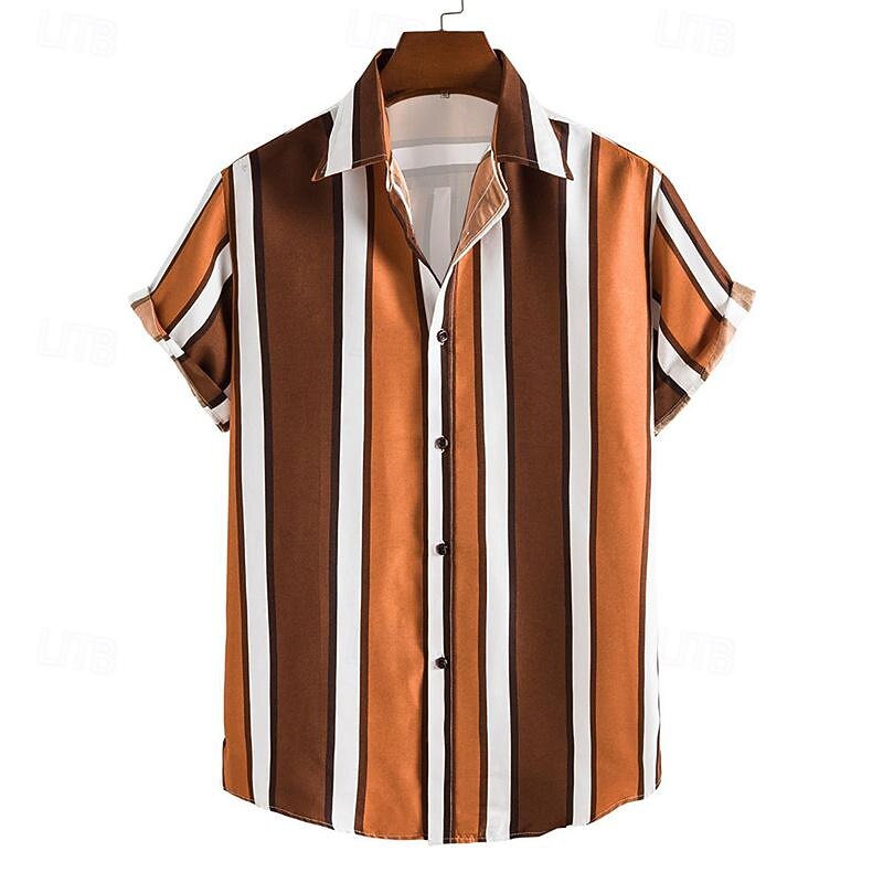 Men's Shirt Summer Shirt Casual Shirt Beach Shirt Button Up Shirt Striped Shirts Light Yellow Yellow Pink Orange Short Sleeve Stripe Turndown Vacation Hawaiian Clothing Apparel Polyester Fashion2