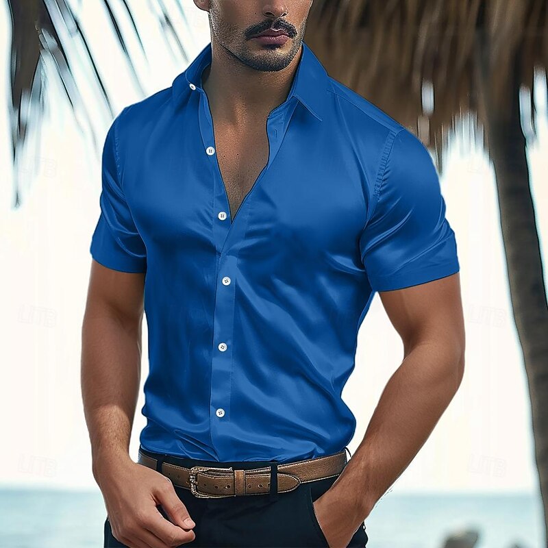 Men's Shirt Satin Shirt Summer Shirt Beach Wear Casual Shirt Button Up Shirt Stripes Wedding Vacation White Blue Green Short Sleeve Lapel Summer Clothing Apparel