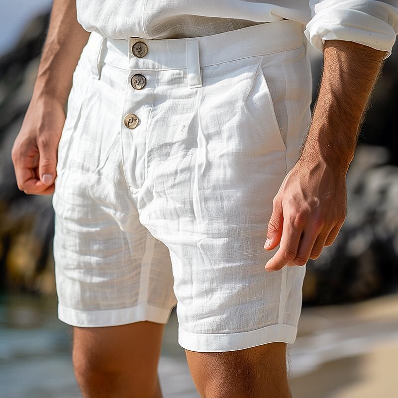 Men's Shorts Linen Shorts Summer Shorts Beach Shorts Buttons Pocket Straight Leg Plain Comfort Breathable Knee Length Daily Holiday Beach Fashion Streetwear Black White Inelastic2