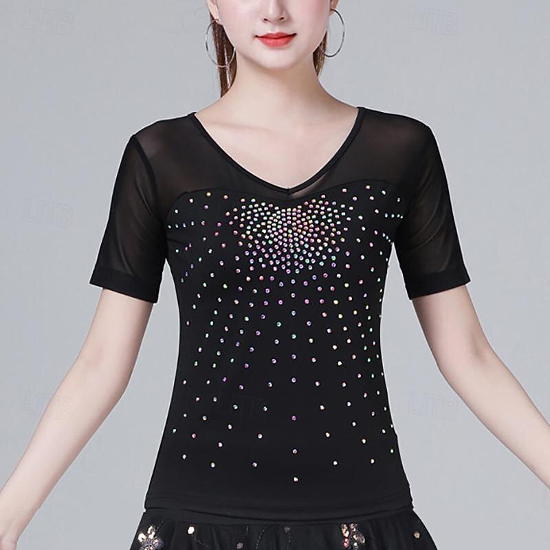 Latin Dance Ballroom Dance Top Pure Color Splicing Crystals / Rhinestones Women's Performance Training Short Sleeve High Terylene3