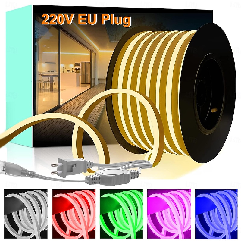 Waterproof LED Neon Light 5-25M/16-90ft Various Colors of Neon Light Strip Pool Light Strip and Plug-in Neon Light Strip Suitable for Bedrooms Kitchens Balcobalconies Outdoor Courtyards 220V