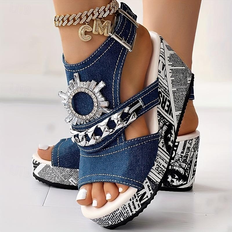 Women's Denim Platform Wedge Sandals with Rhinestone Chain Detail and Newspaper Print Sole, Trendy Peep Toe Summer Shoes for Streetwear and Party Outfits4