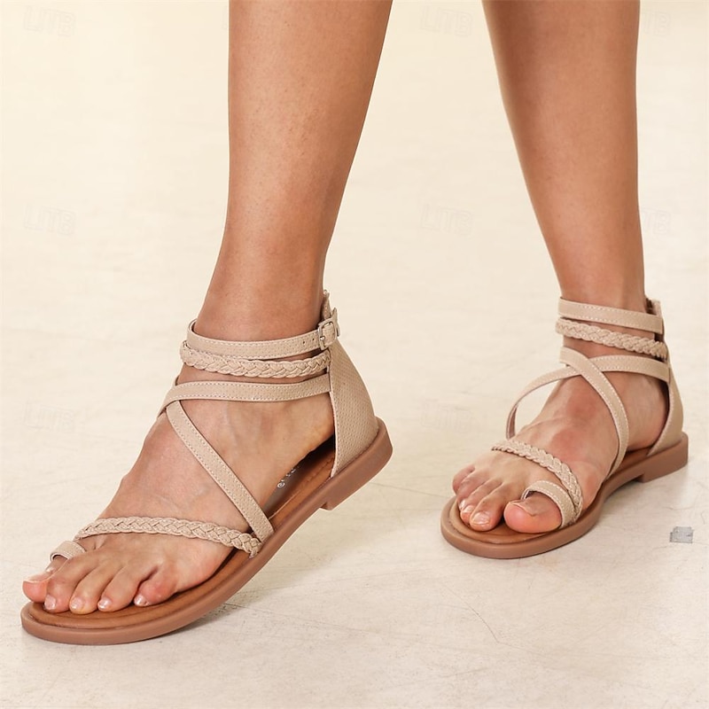 Women's Braided Strap Gladiator Sandals – Stylish Open-Toe Flat Shoes with Zipper Closure for Summer and Casual Outings3