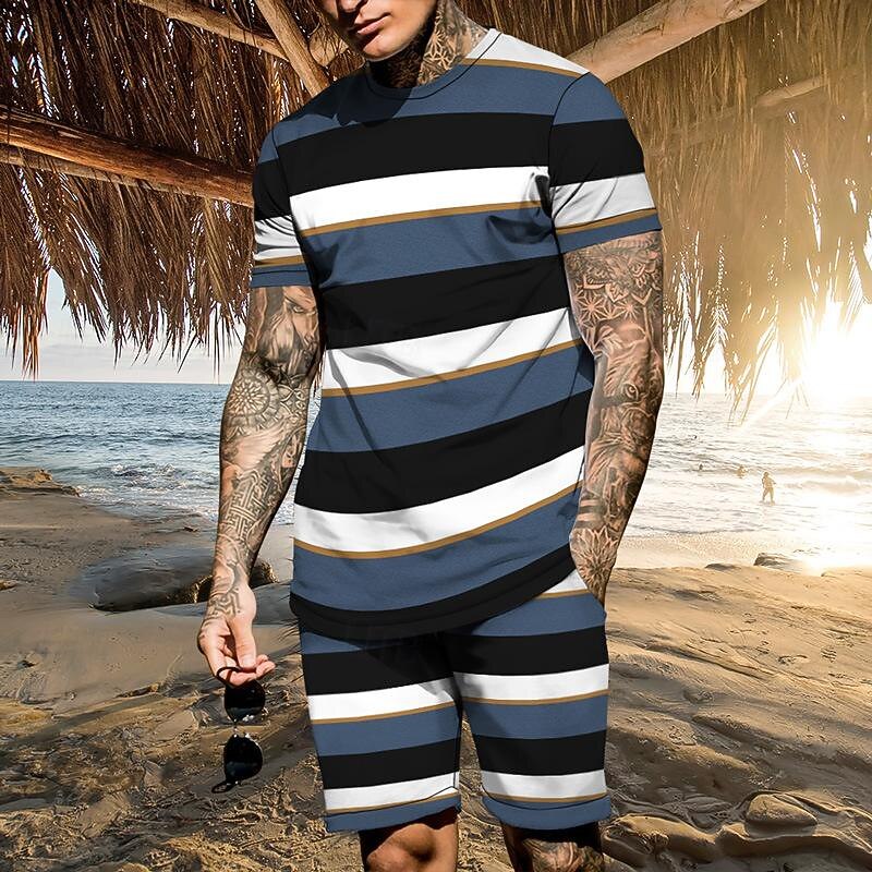 Men's T-shirt Suits 2 Pieces Outfits Tee & Shorts Short Sleeve Crew Neck Summer Color Block Stripes Fashion Casual 2 Piece Vacation Daily Wear Going out Black Blue Brown Top Tee for Men4