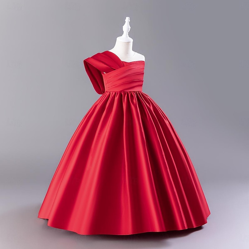 Flower Girl Dress Girls' Dress Party Dress Performance Wedding Party Elegant Daily Pleated Solid Color Sleeveless Crew Neck Black Red 3-13 Years2