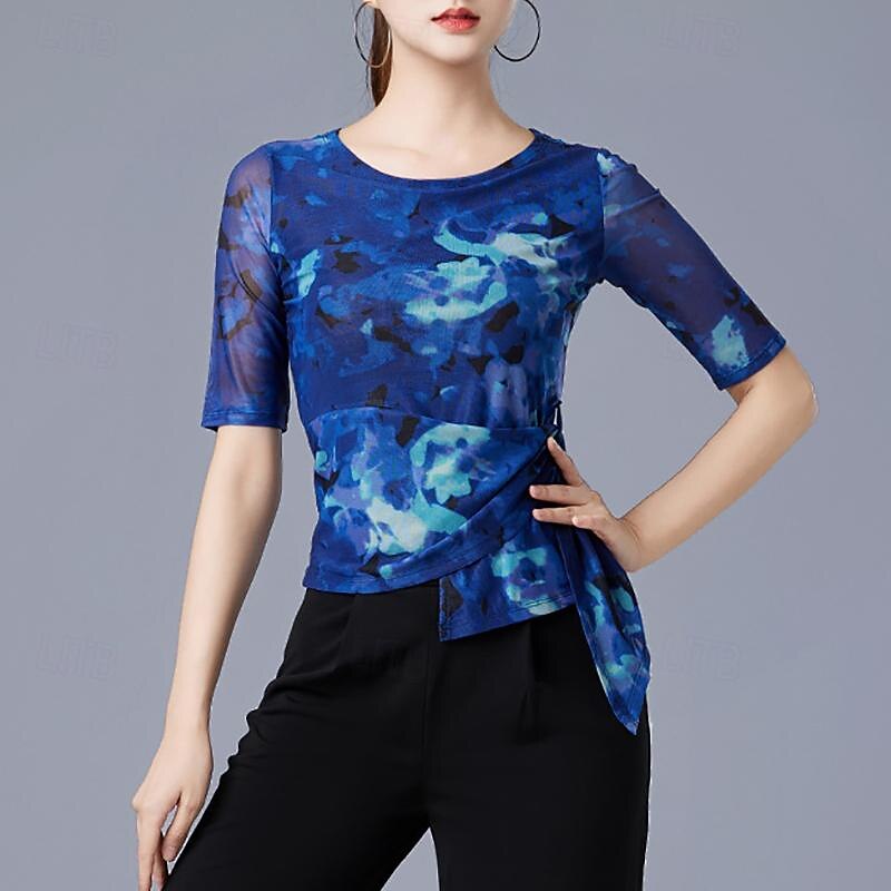 Latin Dance Ballroom Dance Top Printing Splicing Tulle Women's Performance Training Half Sleeve High Polyester2
