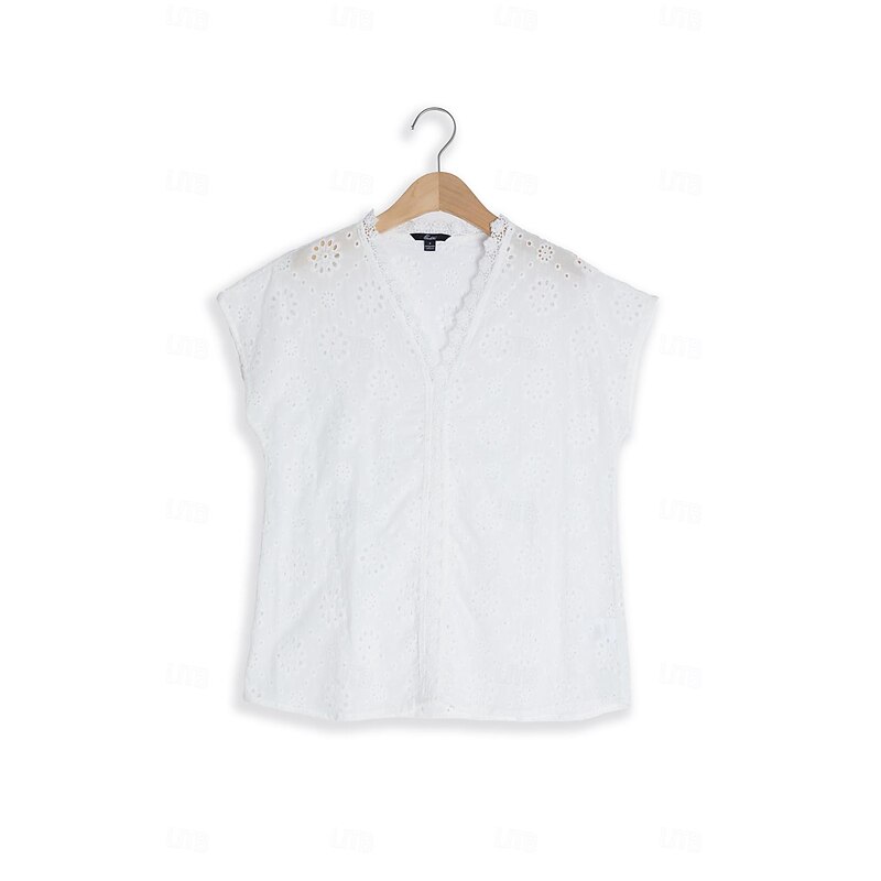 Women's 100% Cotton Shirt Tunic Short Sleeve Crew Neck White Summer Linen Like 5