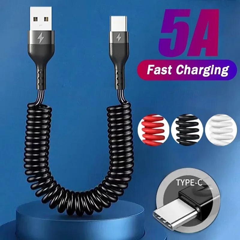 5A Type C Data Cable Spring Telescopic Fast Charging Cord Car USB C Charge Cord for Android Phone Accessories for Xiaomi Samsung
