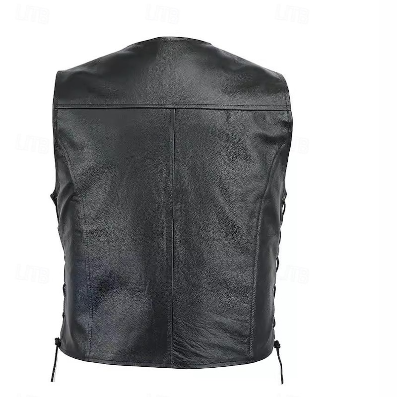 Male Vest Gilet Casual Daily Breathability Drawstring Summer Solid / Plain Color Streetwear V Neck Regular Faux Leather Black Jacket3