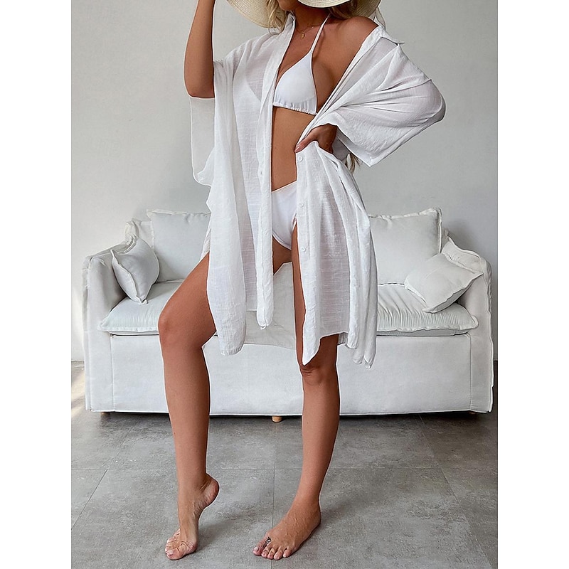 Women's White Dress Shirt Dress Mini Dress Vacation Beach Cotton Basic Modern Shirt Collar Button Long Sleeve Summer Spring Loose Fit Plain4