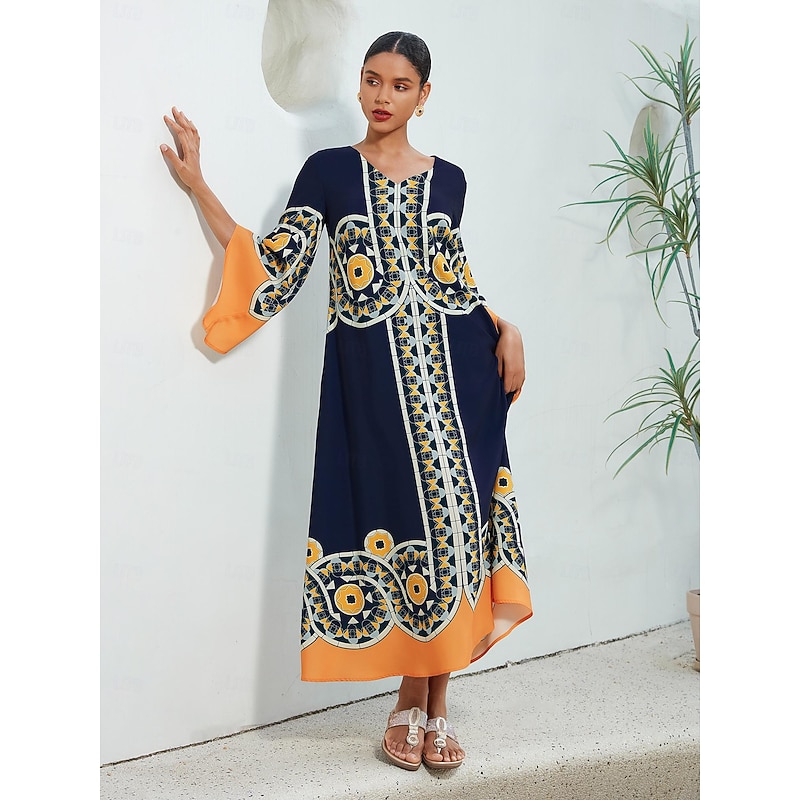 Satin Folk Print V Neck Maxi Dress