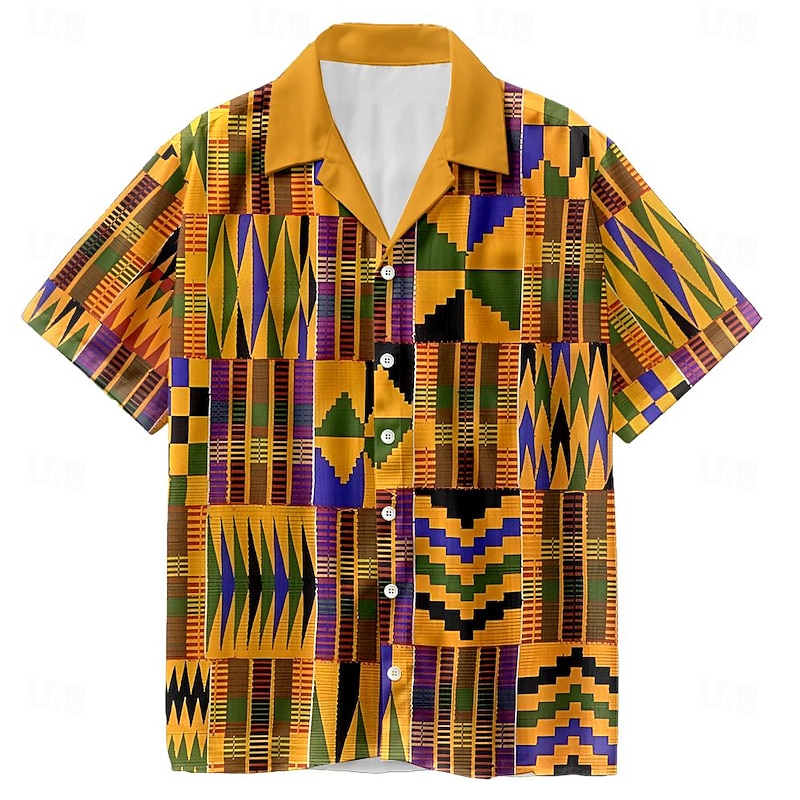 Men's Geometric Pattern Ethnic Summer Hawaiian Shirt Aloha Shirt Short Sleeves Shirt Turndown Hawaiian Resort Outdoor Vacation Street Yellow Red S M L